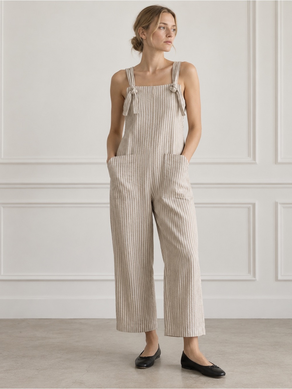 MIOU MUSE Beige Linen-Blend Tie-Strap Jumpsuit